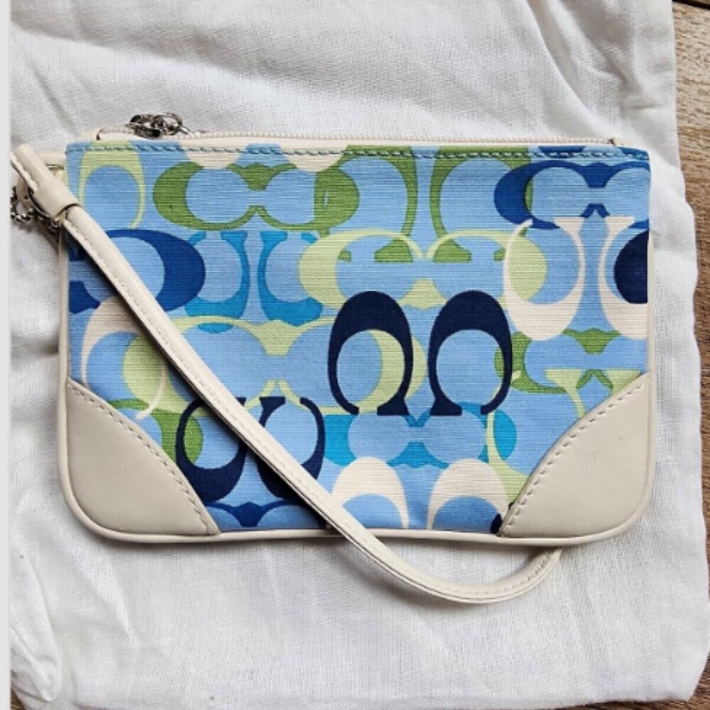 VTG Coach Signature Leather Trim Blue & White Hobo Bag Purse w/Matching Wristlet - Picture 12 of 14